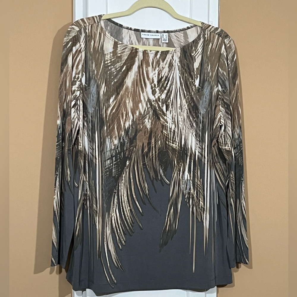 Susan Graver Liquid Knit Printed Tunic in shades of grey and tan.